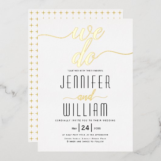 "We doen" script calligrafie bruiloft echt goud Folie Uitnodiging (Voorkant / Achterkant)