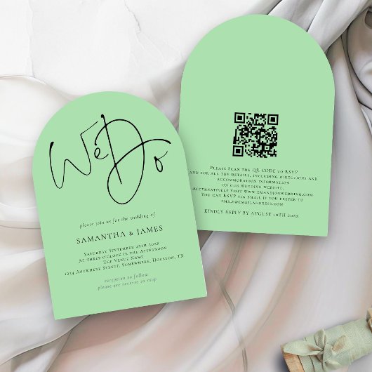 We doen Script QR Code Celadon Green Wedding Arch Kaart