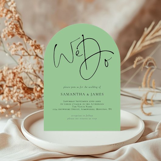 We doen Script QR Code Celadon Green Wedding Arch Kaart