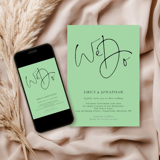 We doen Script QR Code Celadon Green Wedding Kaart