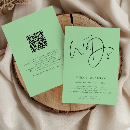 We doen Script QR Code Celadon Green Wedding Kaart
