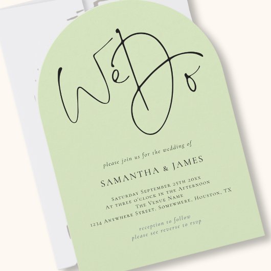 We doen Script QR Code Limoen Cream Green Wedding  Kaart