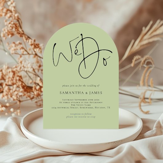 We doen Script QR Code Limoen Cream Green Wedding Kaart