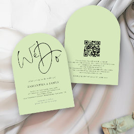 We doen Script QR Code Limoen Cream Green Wedding  Kaart