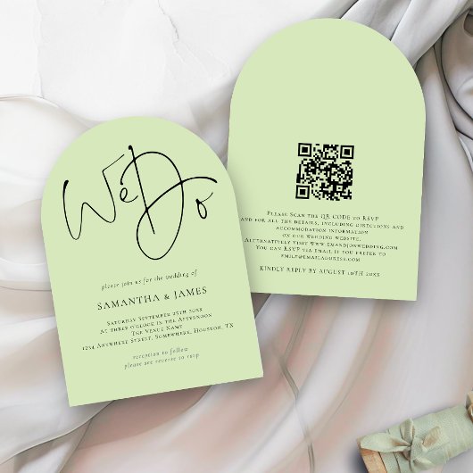We doen Script QR Code Limoen Cream Green Wedding Kaart