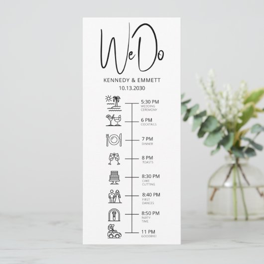 We doen strand bruiloft dag tijdlijn plat programm programmakaart (Staand voorkant)