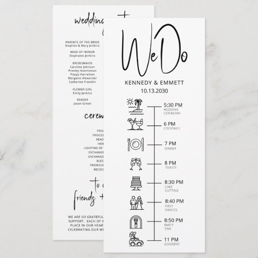 We doen strand bruiloft dag tijdlijn plat programm programmakaart (Voorkant / Achterkant)