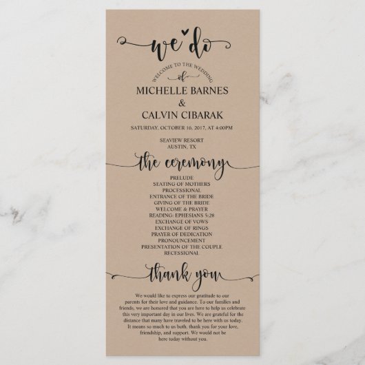 We doen Wedding programma kaart in rustieke fawn t (Voorkant)