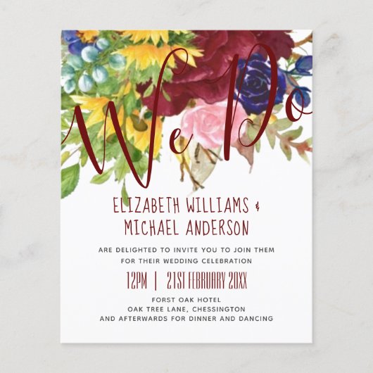 WE DOEN Zonnebloemen Burgundy Blue Wedding Invites (Voorkant)