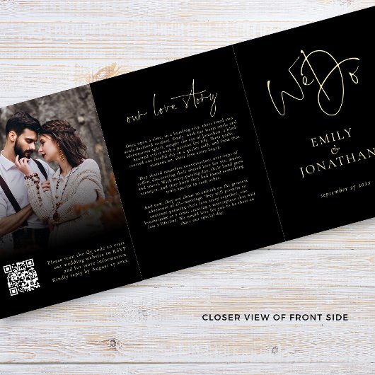 We doen zwart goud foto QR code tijdlijn bruiloft Drieluik Uitnodiging