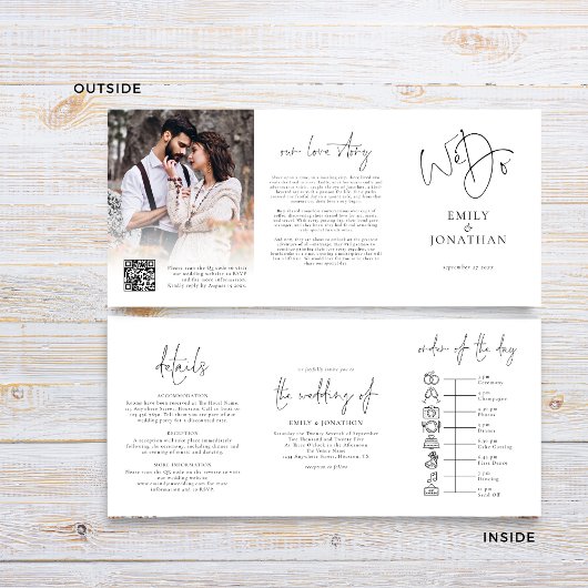 We doen zwart wit foto QR code tijdlijn bruiloft Drieluik Uitnodiging