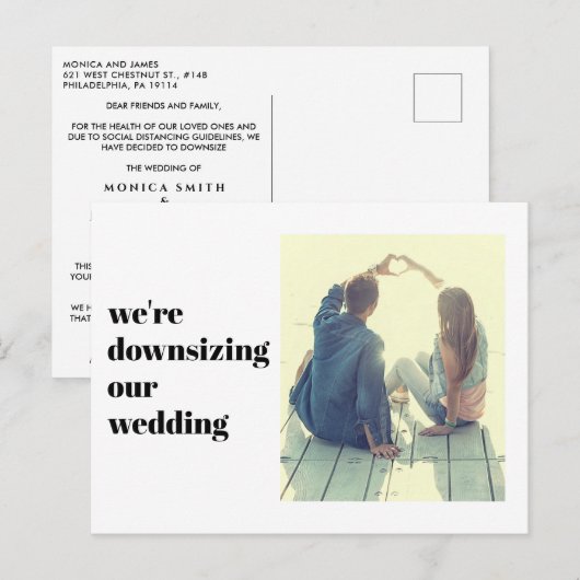 We downsizing Our Wedding Photo Modern Aankondigingskaart (Voorkant / Achterkant)