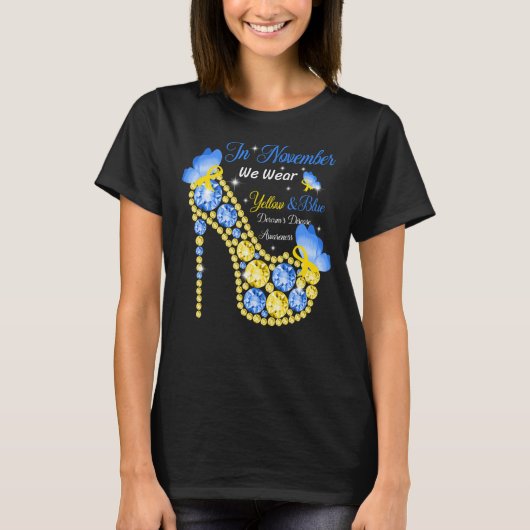 We Draag gele en blauwe Butterflies High Hiel Derc T-shirt (Voorkant)