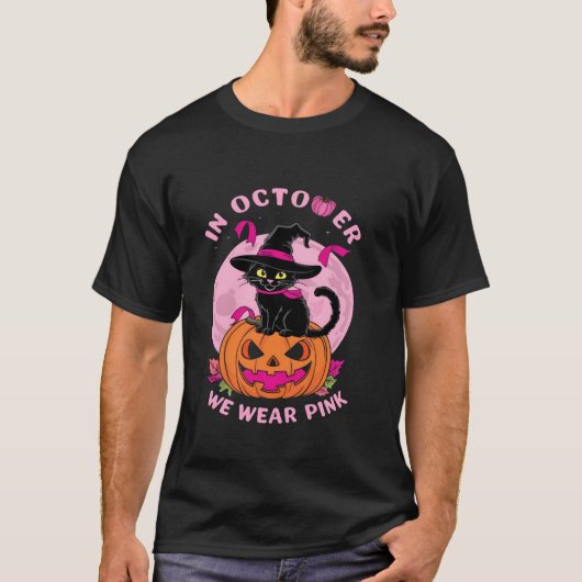 We Draag roze in oktober heksenkat borstkanker T T-shirt (Voorkant)