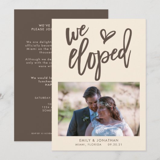 We Eloped Aankondiging Foto Uitnodiging Bruine crè (Voorkant / Achterkant)