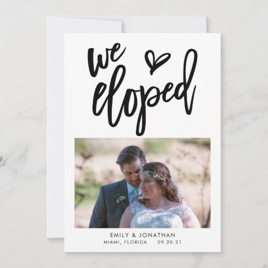 We Eloped Aankondiging Foto Uitnodiging Zwarte Tek (Voorkant)