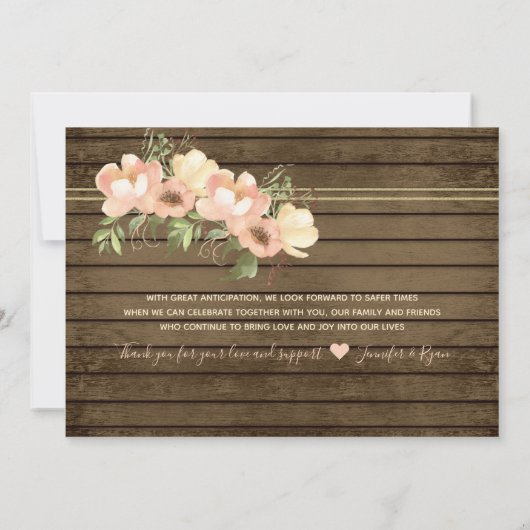 We Eloped Blush Bloemen Rustiek Hout Wedding Kaart (Achterkant)