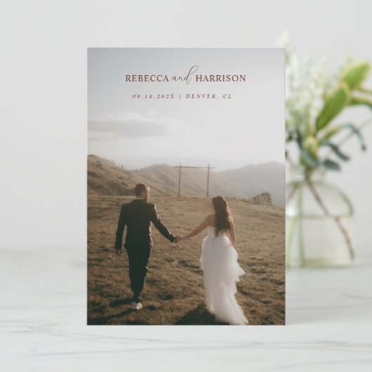 We Eloped Brown Floral Boho | Photo Wedding Aankondiging (Staand voorkant)