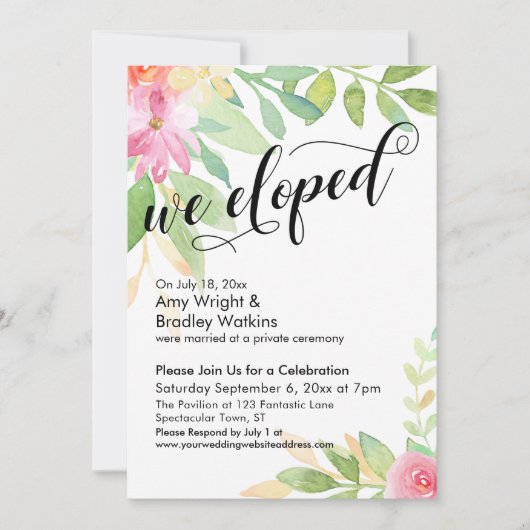 We Eloped Calligraphy Roze Watercolor Bloemen Kaart (Voorkant)