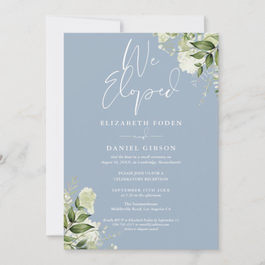We Eloped Dusty Blue Wedding Vows Greenery Party Kaart (Voorkant)