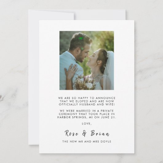 We Eloped Elegant Wit Script bruiloft foto Aankondiging (Achterkant)