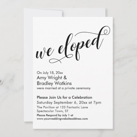 We Eloped Fancy Script Huwelijksfeest na de Trouwd Kaart (Voorkant)