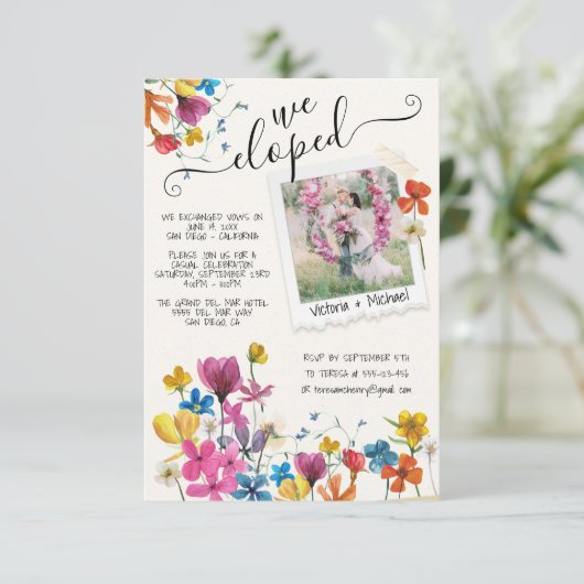 We Eloped Gedroogde Bloemen Boho Aankondiging (Staand voorkant)