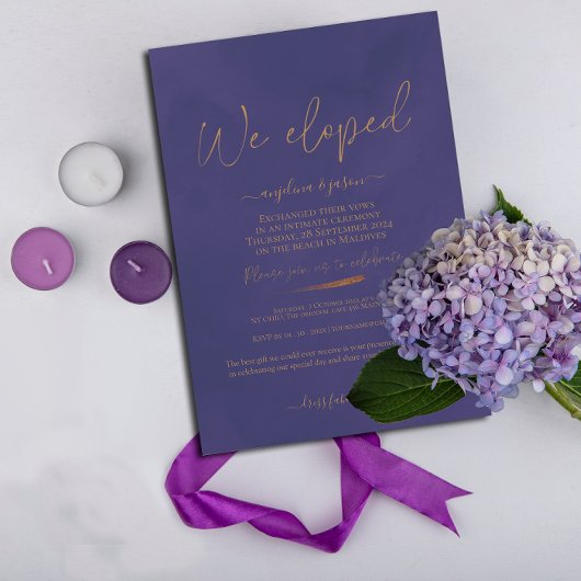We Eloped Gold en Paarse Elegant Bruiloft Kaart
