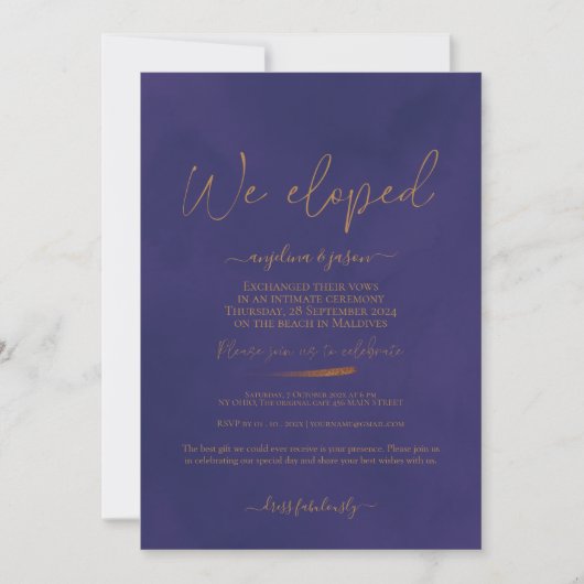 We Eloped Gold en Paarse Elegant Bruiloft Kaart (Voorkant)