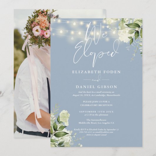We Eloped Greenery Dusty Blue Photo Wedding Party Kaart (Voorkant / Achterkant)