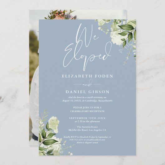 We Eloped Greenery Dusty Blue Photo Wedding Party Kaart (Voorkant / Achterkant)