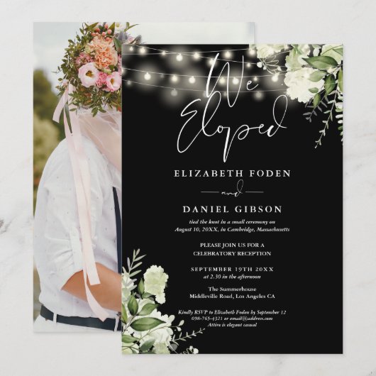 We Eloped Greenery Floral Photo Wedding Party Kaart (Voorkant / Achterkant)