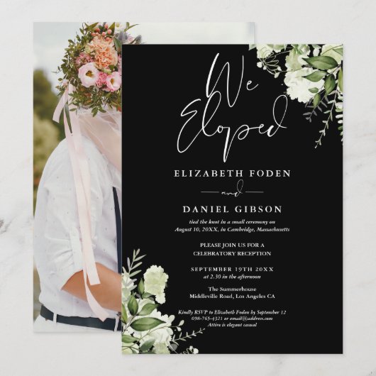 We Eloped Greenery Floral Photo Wedding Party Kaart (Voorkant / Achterkant)