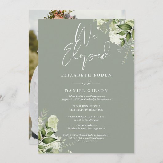 We Eloped Greenery Sage Green Photo Wedding Party Kaart (Voorkant / Achterkant)