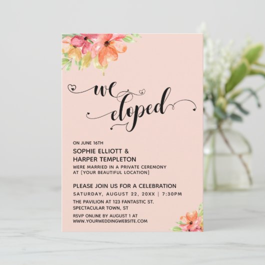 We Eloped Hearts Script Watercolor Bloemen Kaart (Staand voorkant)