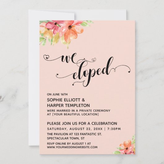 We Eloped Hearts Script Waterverf Bloemen Kaart (Voorkant)