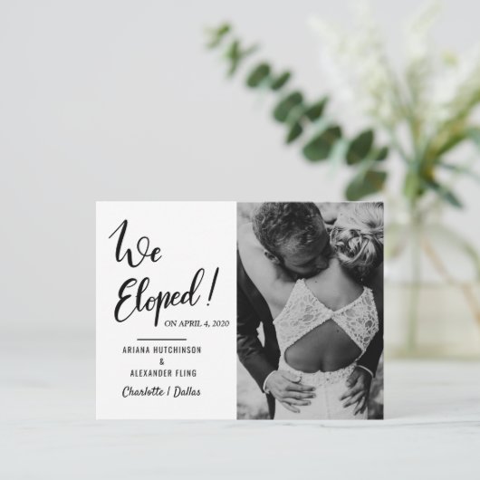 We Eloped Huwelijk Typography  | Koppel Foto Aankondigingskaart (Staand voorkant)