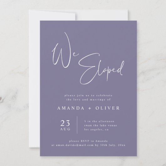 We Eloped Lavendel Paars Minimalistische Elopement Aankondiging (Voorkant)