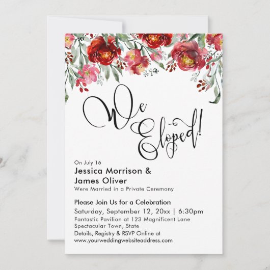 We Eloped Lettertype Bourgondische Rode Bloemen Kaart (Voorkant)