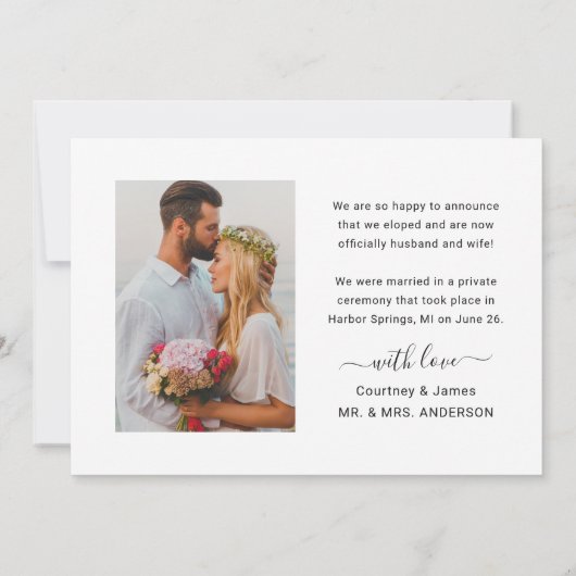 We Eloped Minimalistische witte script trouwfoto Aankondiging (Achterkant)
