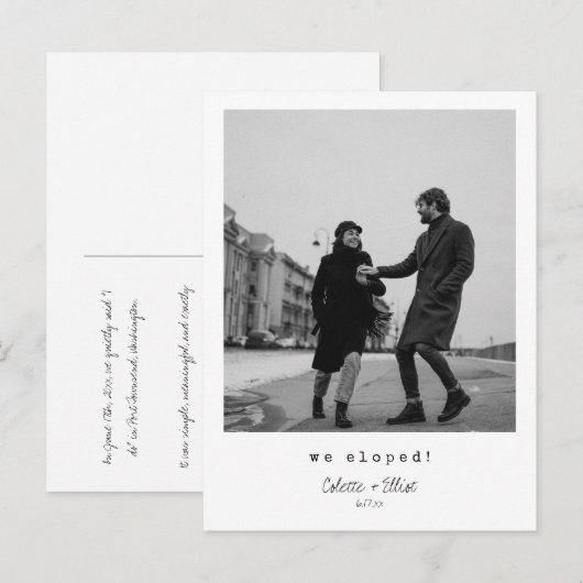 We Eloped Modern Minimalist Message Script Photo Aankondigingskaart (Voorkant / Achterkant)