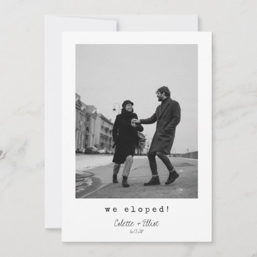 We Eloped Modern Minimalist Photo Message Letter Aankondiging (Voorkant)