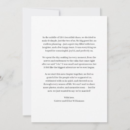 We Eloped Modern Minimalist Photo Message Letter Aankondiging (Achterkant)