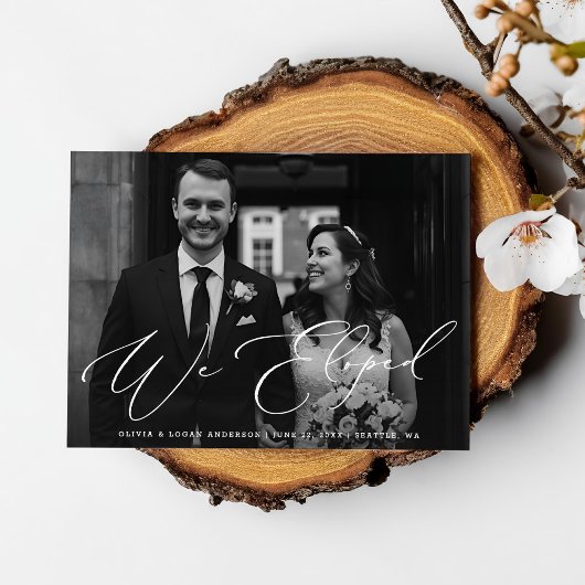 We Eloped Modern Script Trouwfoto Elopement Kaart