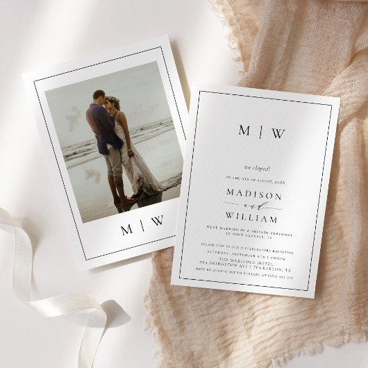 We Eloped Moderne Monogram Elopement Trouwdag Kaart