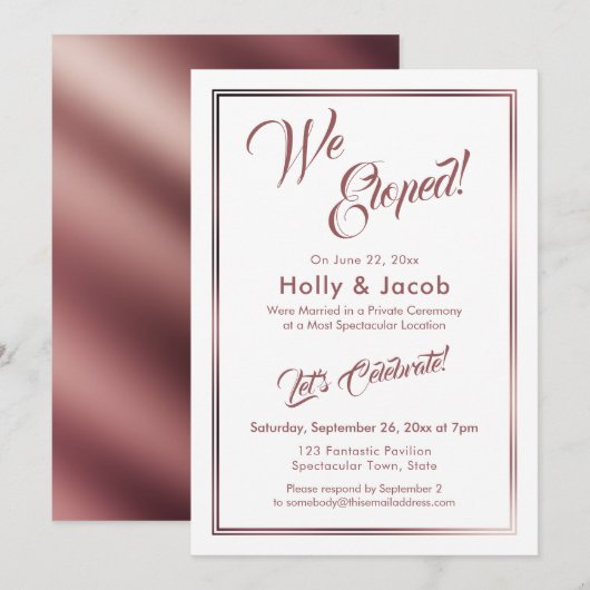 We Eloped Roze Goud Over Witte Ontvangst Kaart (Voorkant / Achterkant)