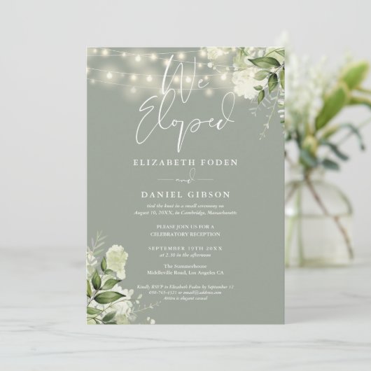 We Eloped Sage Green Wedding Vows Greenery Party Kaart (Staand voorkant)