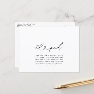 We Eloped Script Hart Chic Huwelijksfoto Ansichtka Briefkaart
