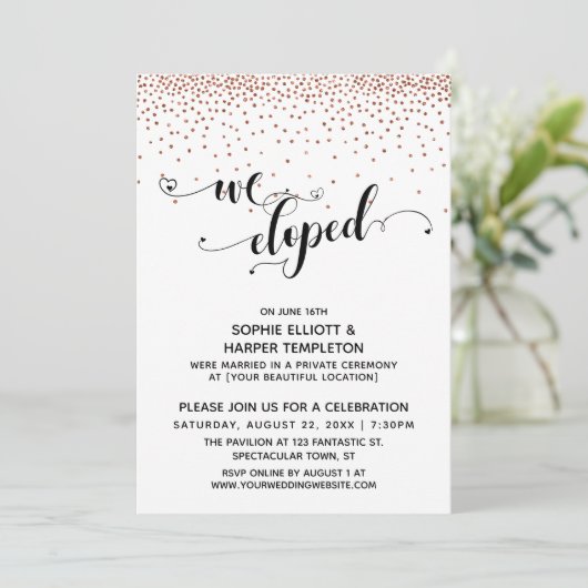 We Eloped Script Koperen Confetti Ontvangst-Only Kaart (Staand voorkant)