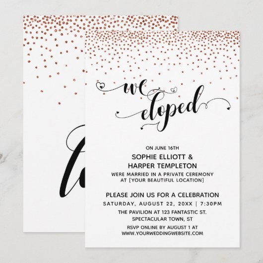We Eloped Script Koperen Confetti Ontvangst-Only Kaart (Voorkant / Achterkant)